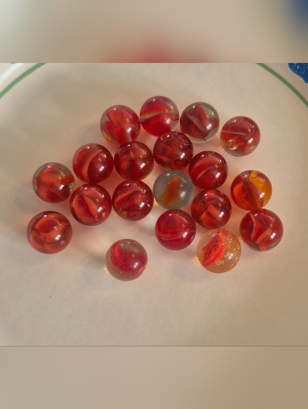 Vintage Red Cat’s Eye Marble Lot 19 Glass Marbles Red Swirl Clear Shooter Style